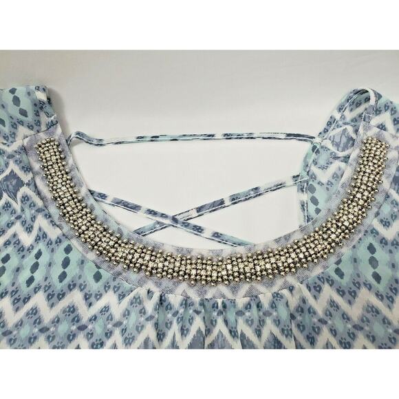 Maurices Womens Top Plus Size 3 3X Rhinestone Sheer Blouse Blue Peasant Shirt - Picture 3 of 7